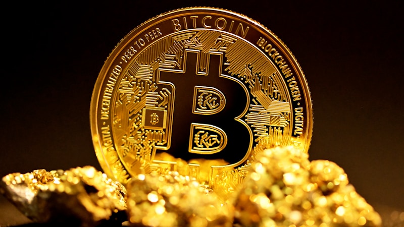 Bitcoin on top of gold nuggets representing wealth