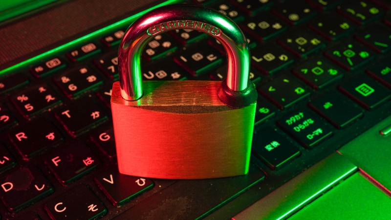 Red padlock on keyboard representing digital security